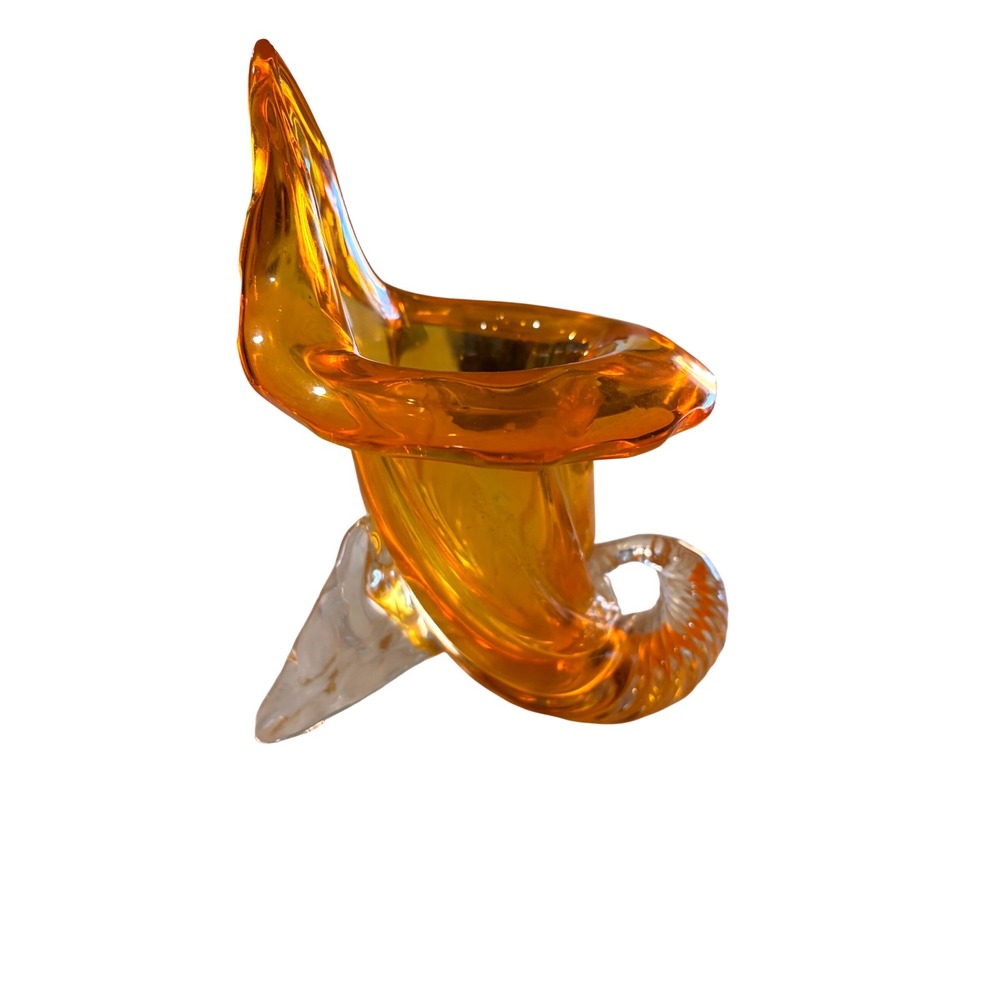 Vintage Orange Amber Art Glass Cornucopia Horn of Plenty Vase 8.5" MCM Style